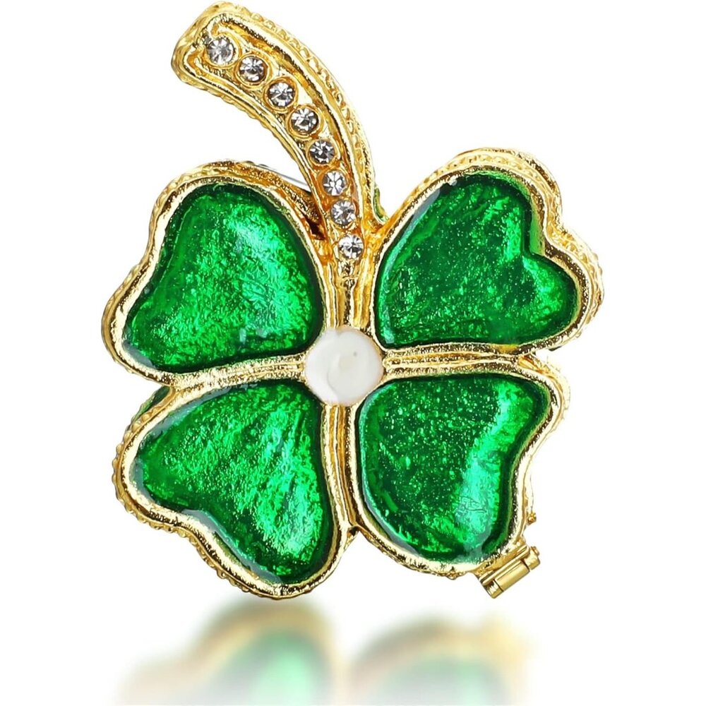 Four Leaf Clover Trinket Boxes Hinged Jeweled Enameled Decorative Flower Jewelry